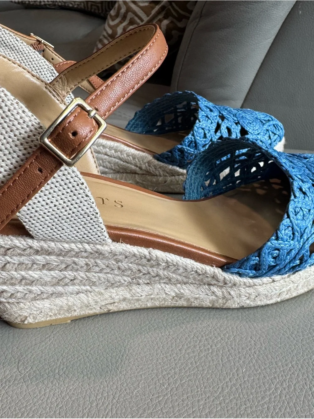 Talbots Blue Raffia Espadrille Wedge Sandals Women’s Size 6M Leather Ankle Strap